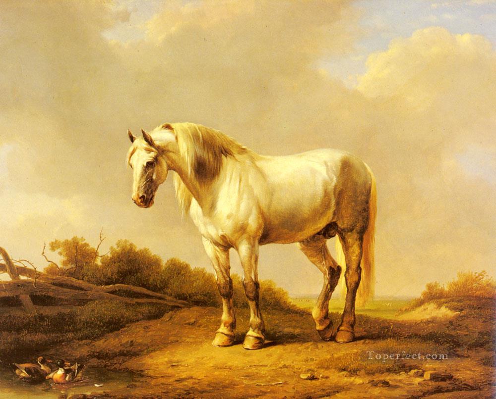 eine weiße Hengst in einer Landschaft Eugene Verboeckhoven Pferd Ölgemälde
